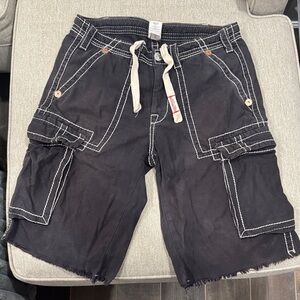 Used True Religion Black Cargo Shorts with White Stitching